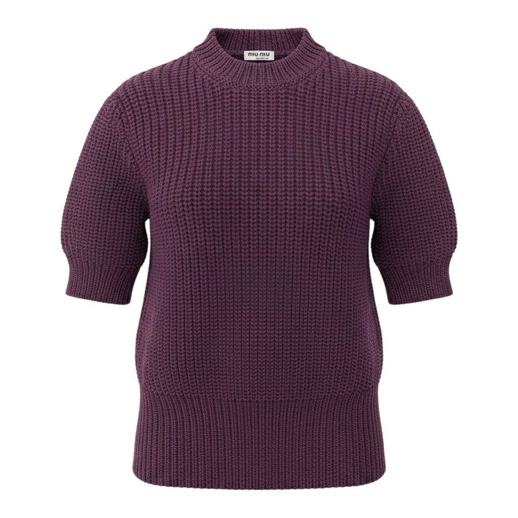 Miu Miu Burgundy Crew Neck Wool Waffle Knit Top
