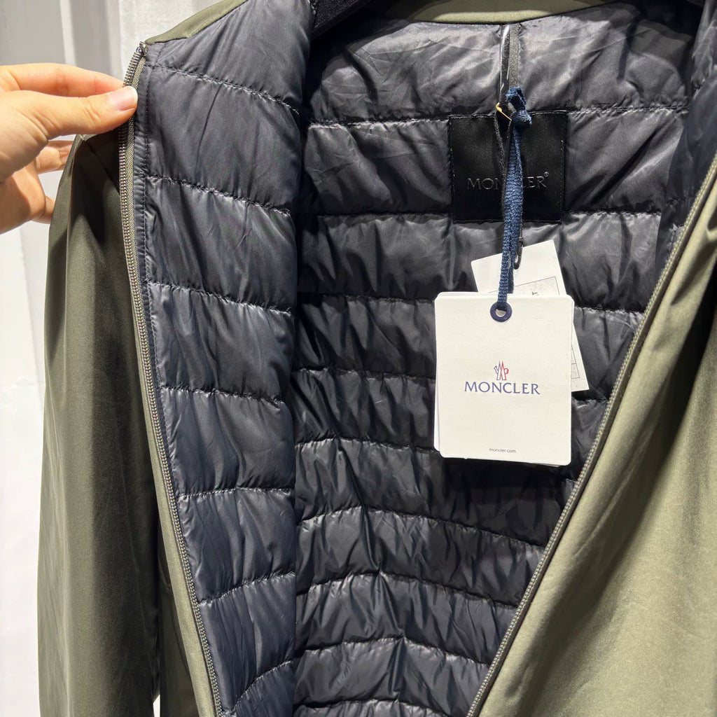Moncler Olive Arm Logo Zip-Up Polyester Down Jacket