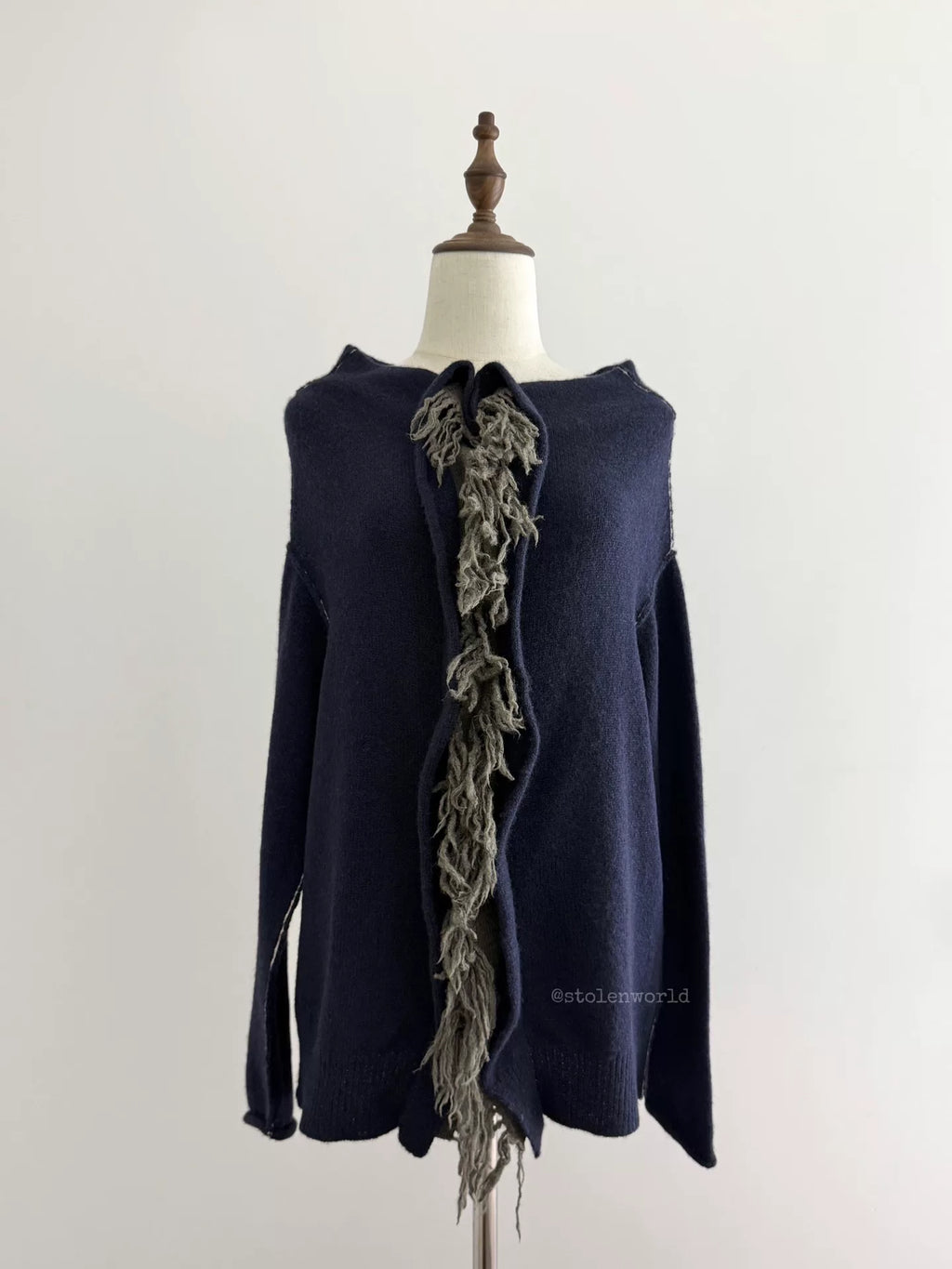Yohji Yamamoto Y's Fringe Wool Knit Navy Top - Devines