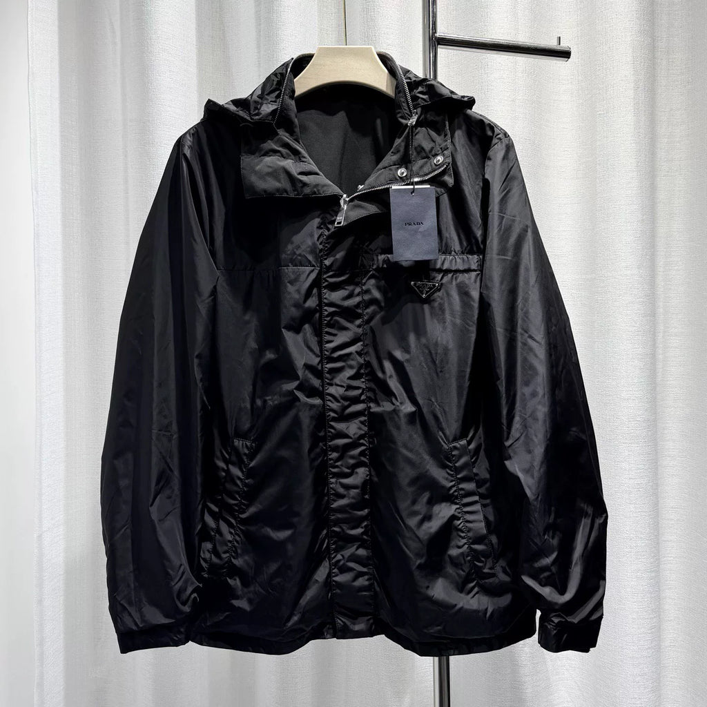 Prada Reversible Hat Metallic Triangle Logo Zip Black Jacket