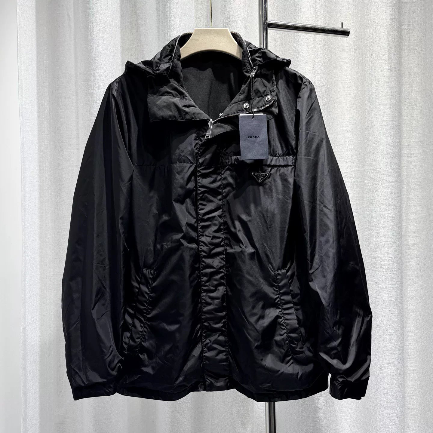 Prada Reversible Hat Metallic Triangle Logo Zip Black Jacket