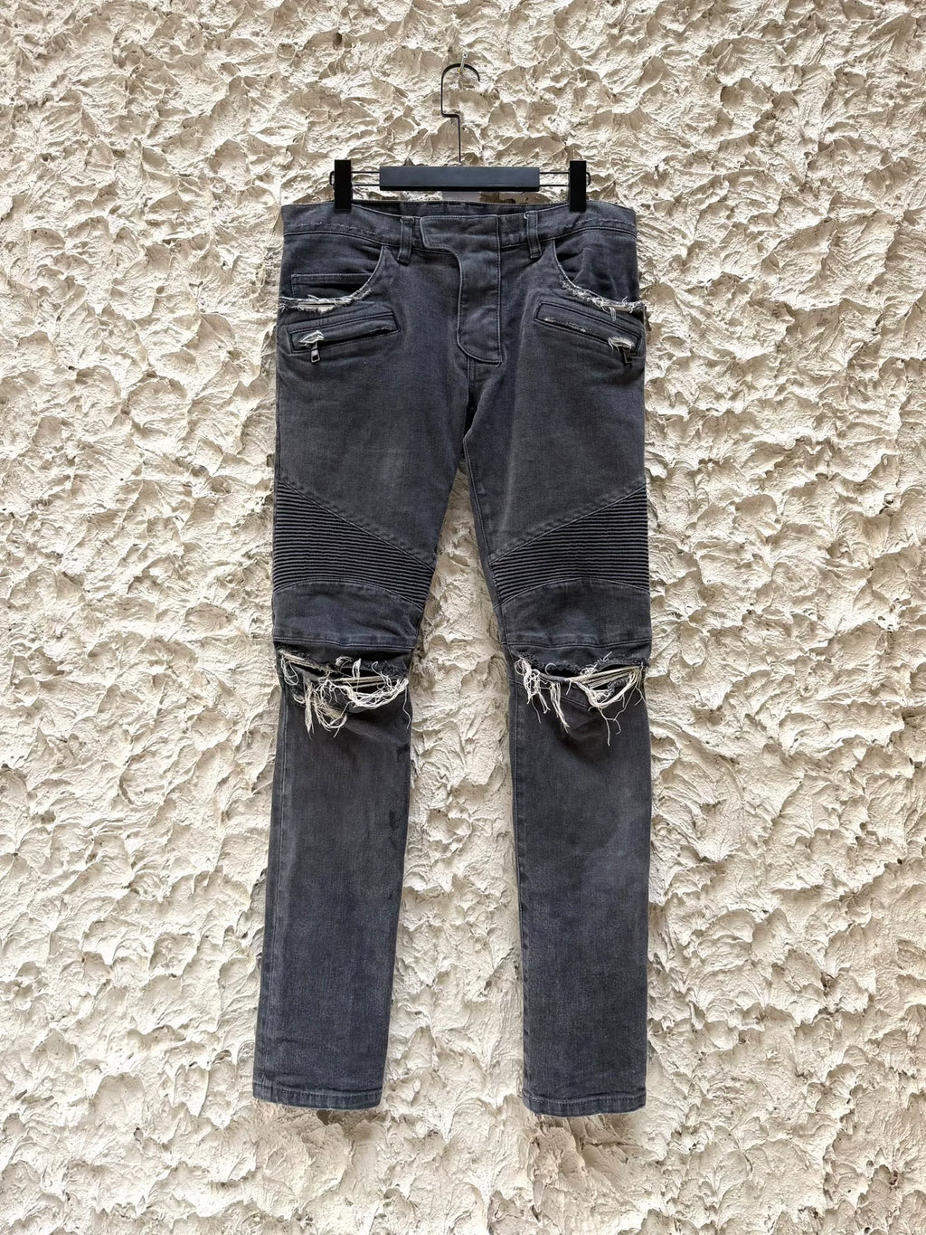 Balmain AW15 Black Destroyed Motorcycle Denim Jeans
