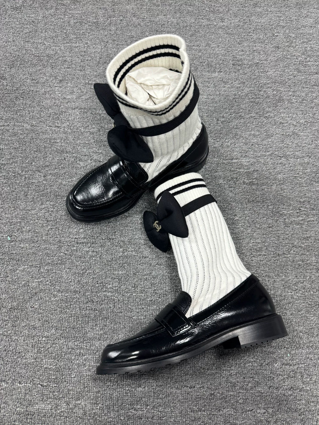 Chanel Black Bow Sock Loafers