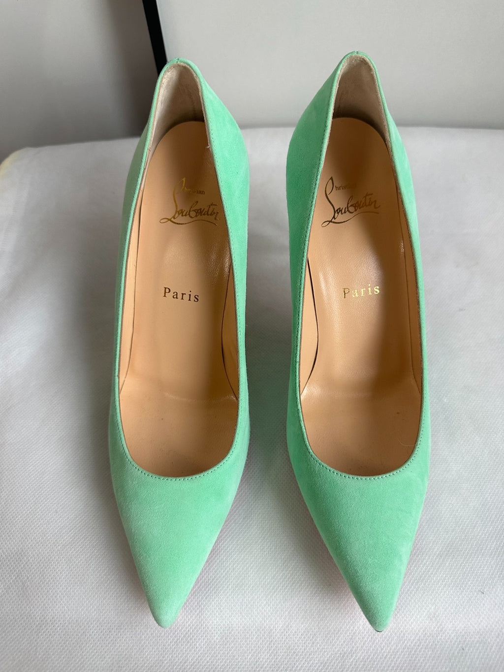 Christian Louboutin Blue Green Suede Pointed-Toe Heels