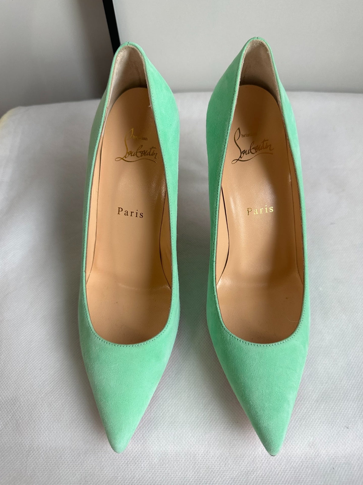 Christian Louboutin Blue Green Suede Pointed-Toe Heels