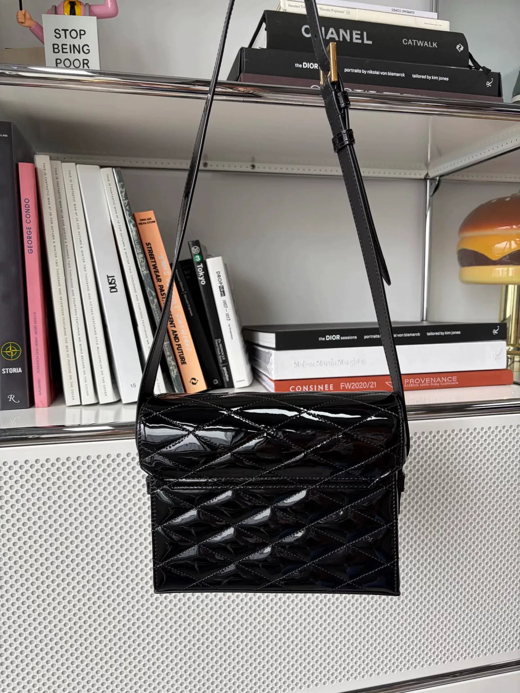 Saint Laurent Black Gold Buckle Quilted Patent Leather Box Bag