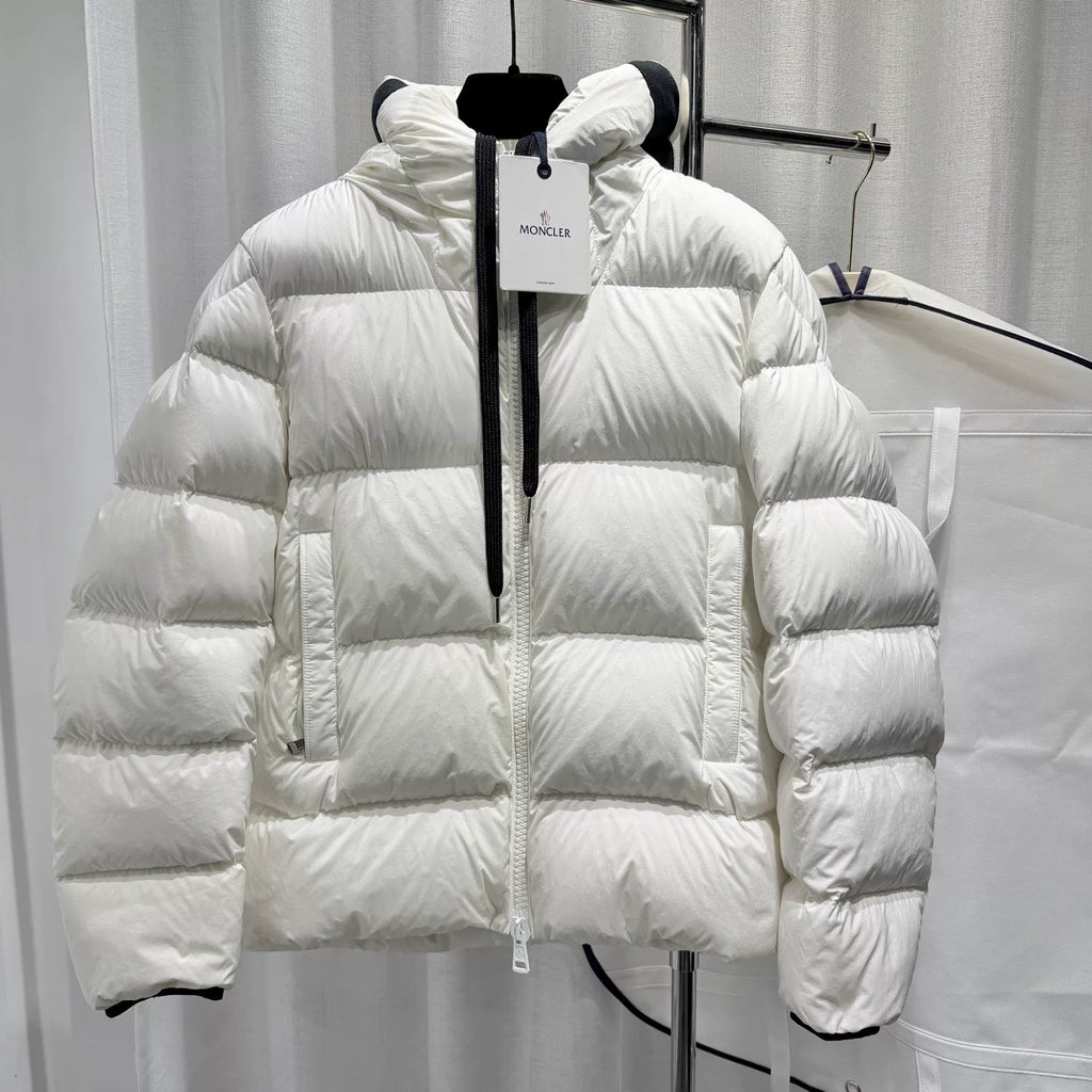 Moncler ODART White Letter Print Webbing Hooded Nylon Down Jacket