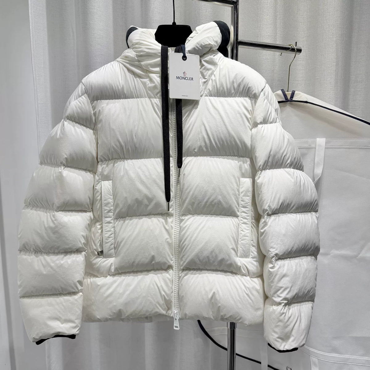Moncler ODART White Letter Print Webbing Hooded Nylon Down Jacket