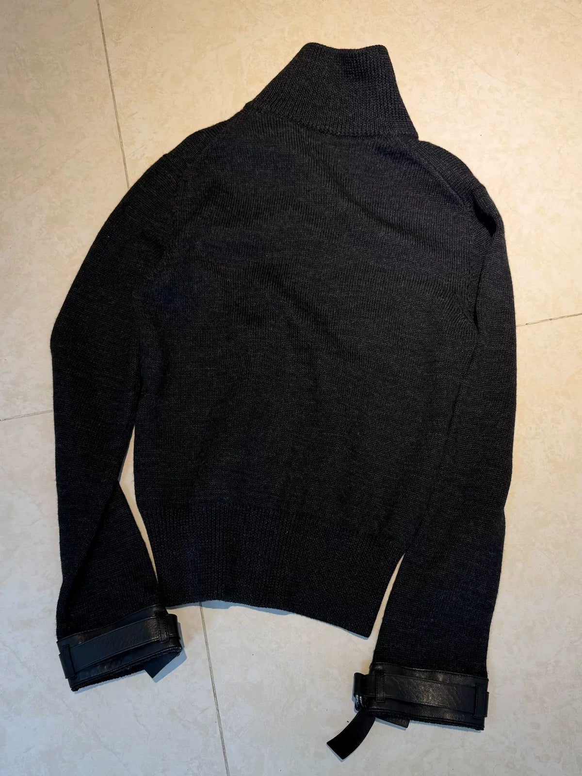 Prada Dark Grey Ribbed Turtleneck Wool Zip-Up Jacket