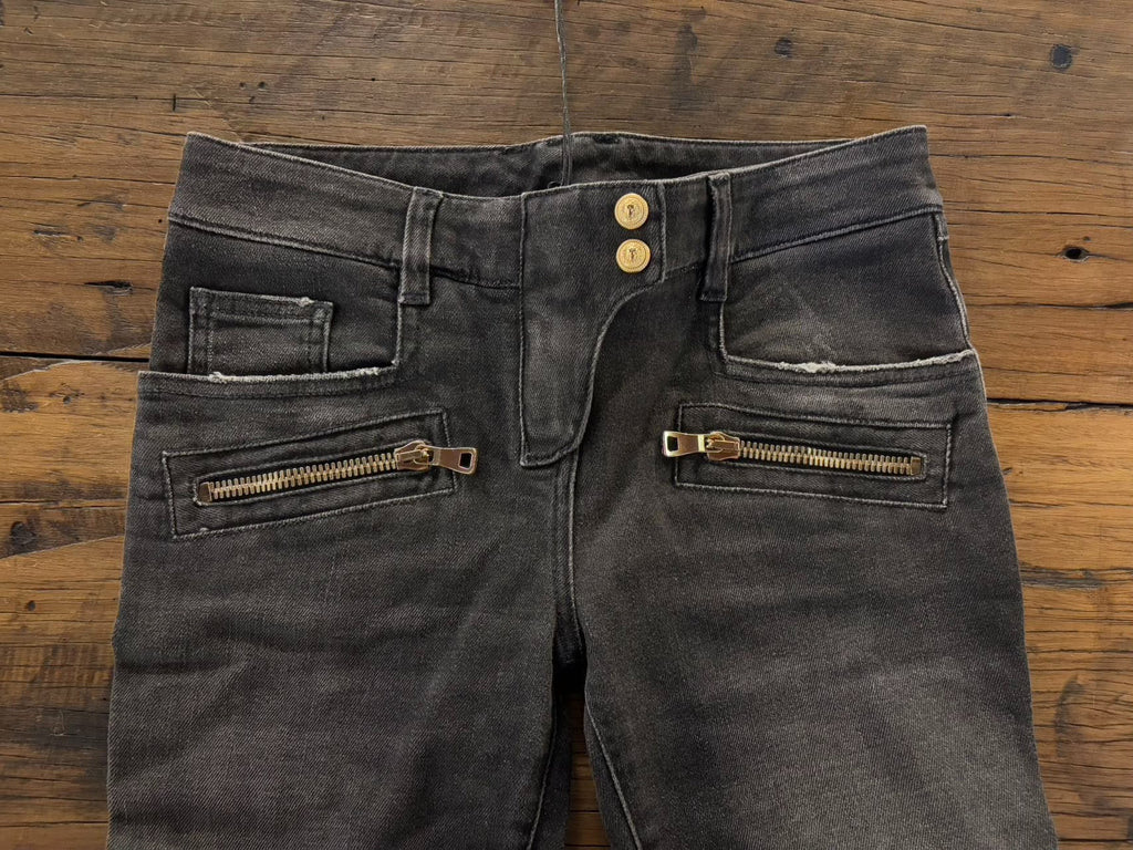 Balmain FW15 Sizs40 Dark Grey Black Gold Button Slim Fit Denim Jeans