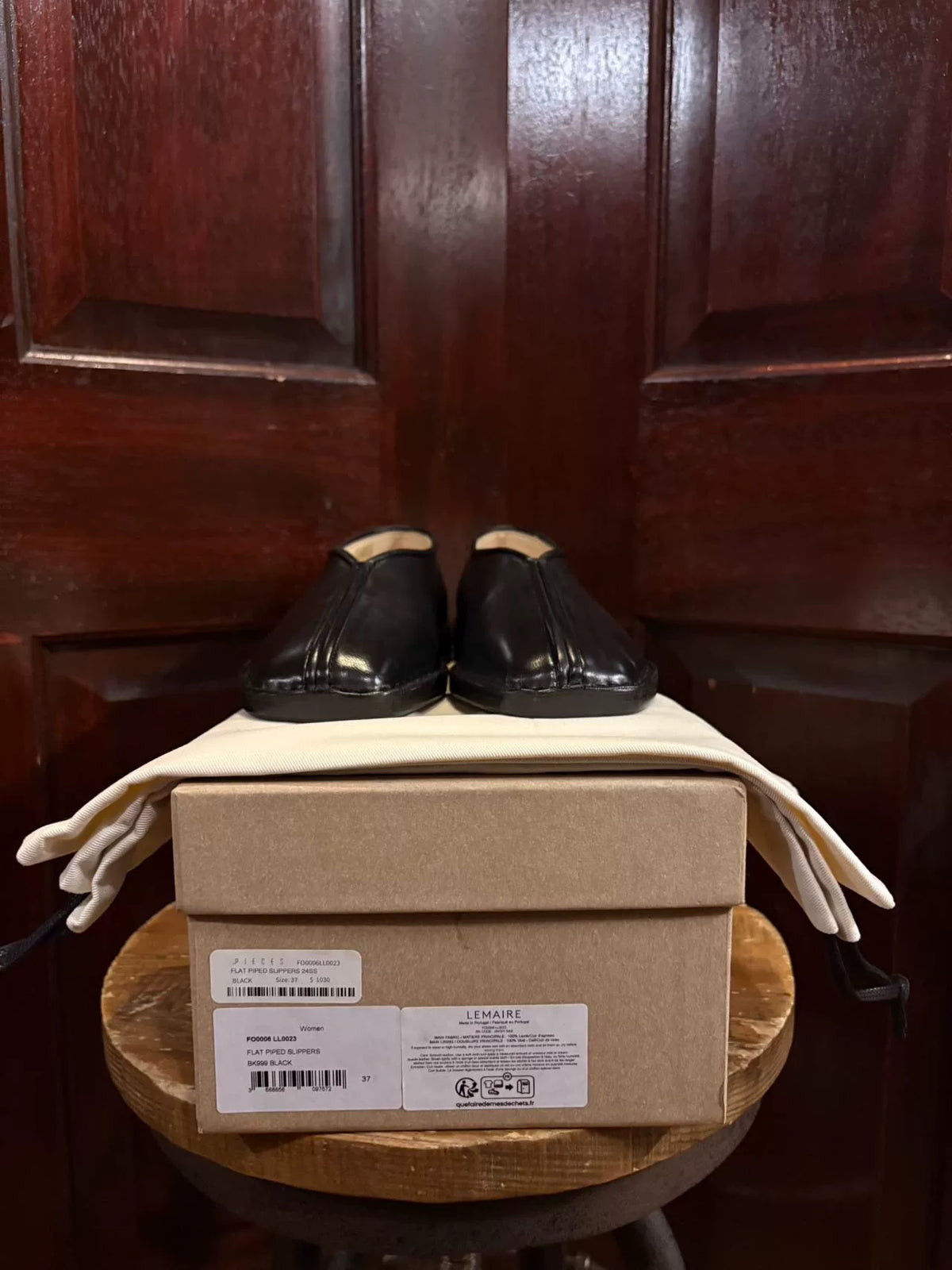 Lemaire SS24 Flat Piped slippers Black Lambskin Monk Strap Shoes