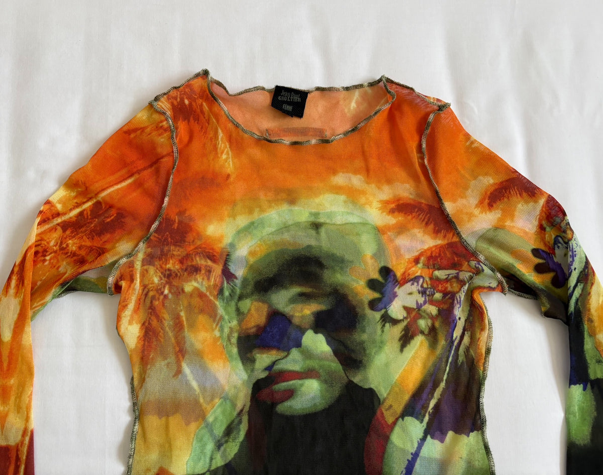 Jean Paul GAULTIER runway-style portrait print mesh top