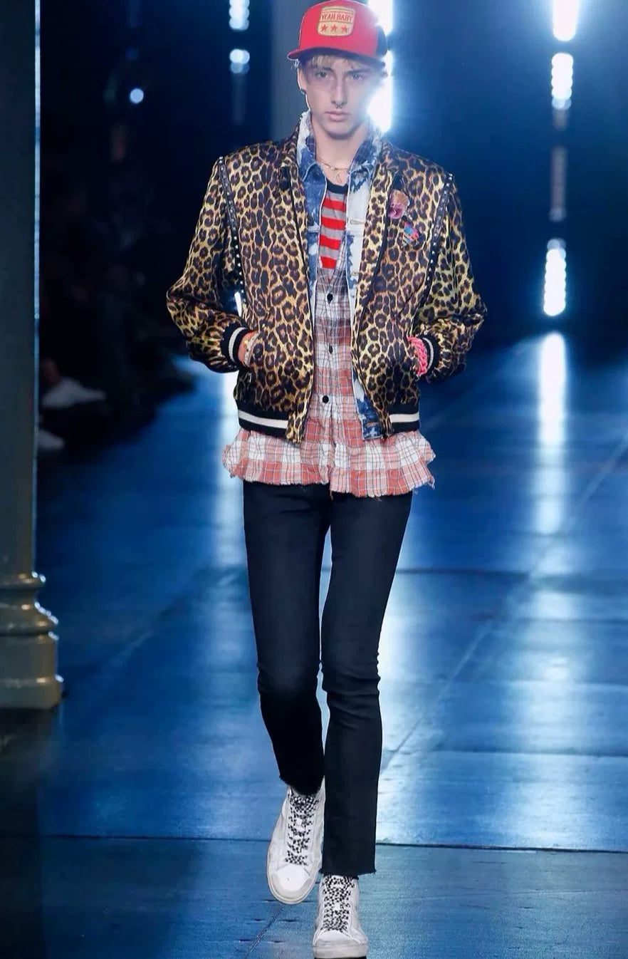 Saint Laurent 16SS Hedi Slimane Leopard Print Studded Silk Jacket by Hedi Slimane
