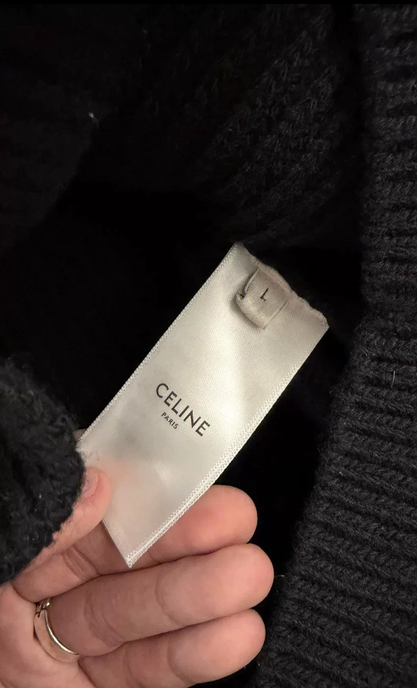 Celine Black Embroidered Logo Crew Neck Wool Sweater by Hedi Slimane