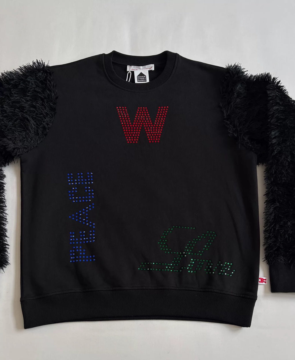 Walter Van Beirendonck fur patchwork rhinestone sweatshirt