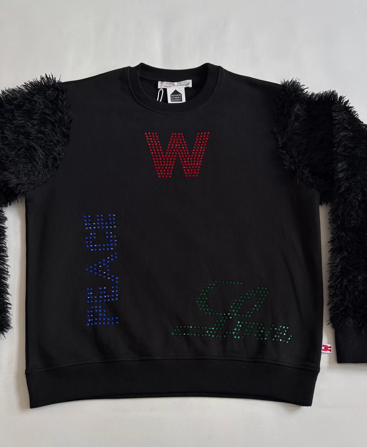 Walter Van Beirendonck fur patchwork rhinestone sweatshirt