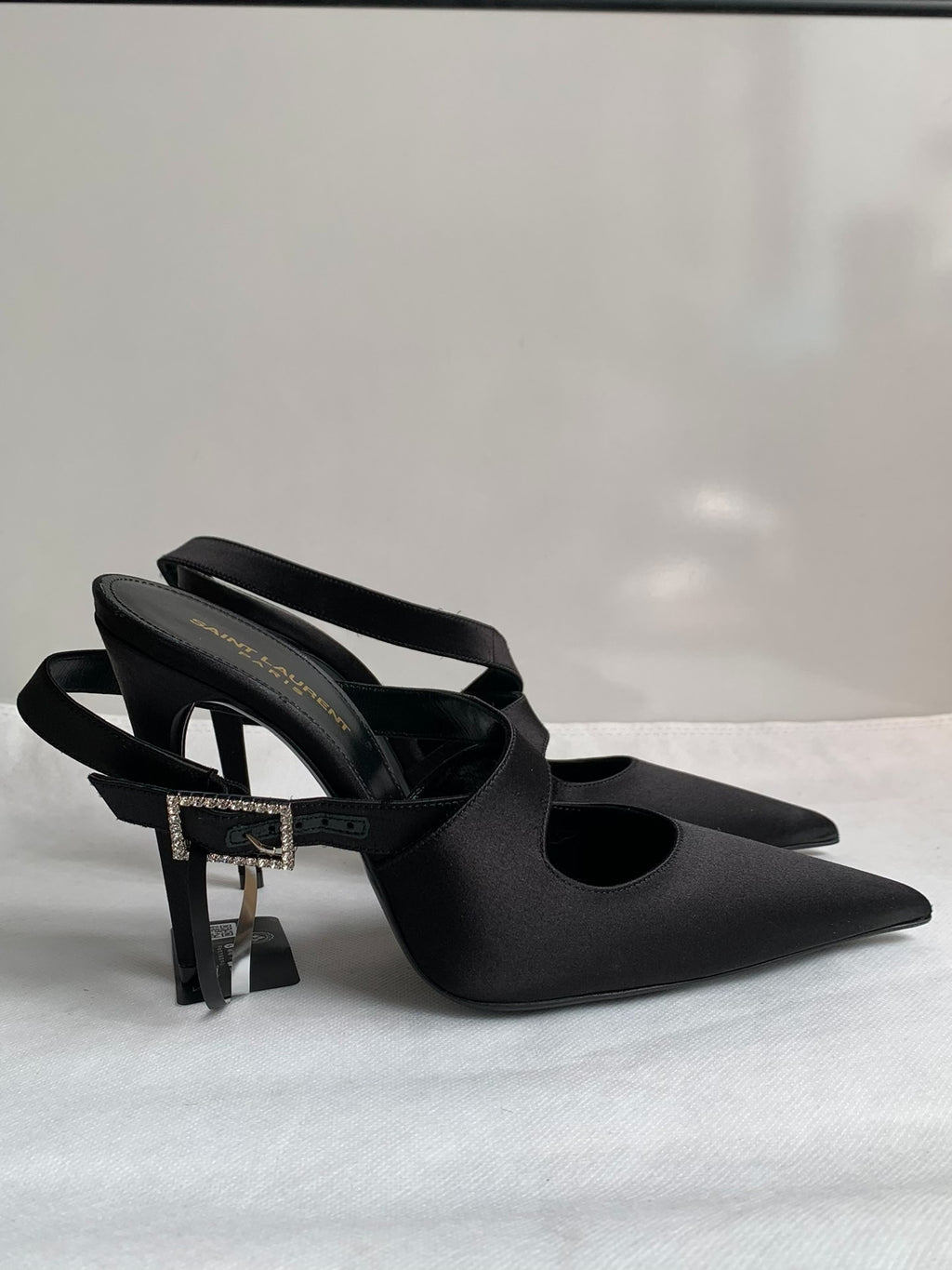 Saint Laurent Black Crystal Buckle Satin Heels