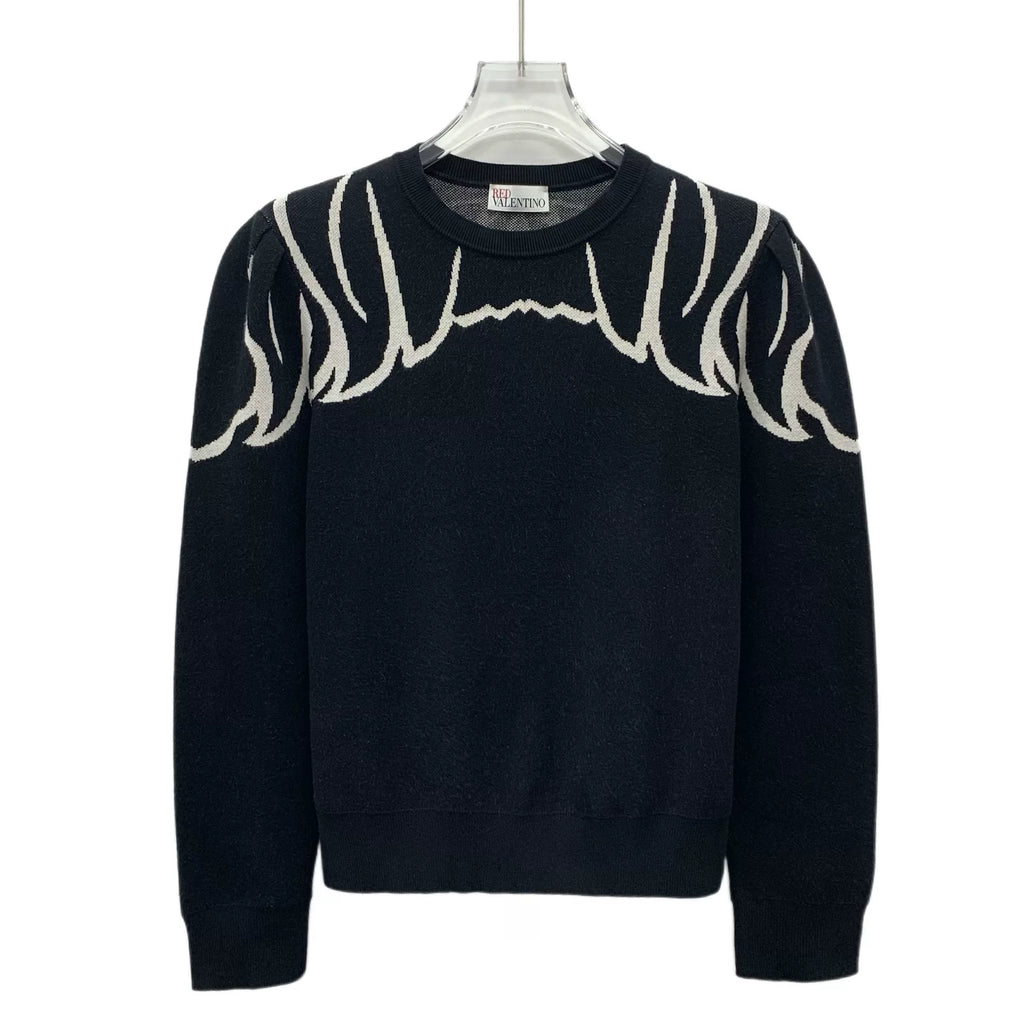 Valentino Black Wing Embroidered Crew Neck Knit Sweater