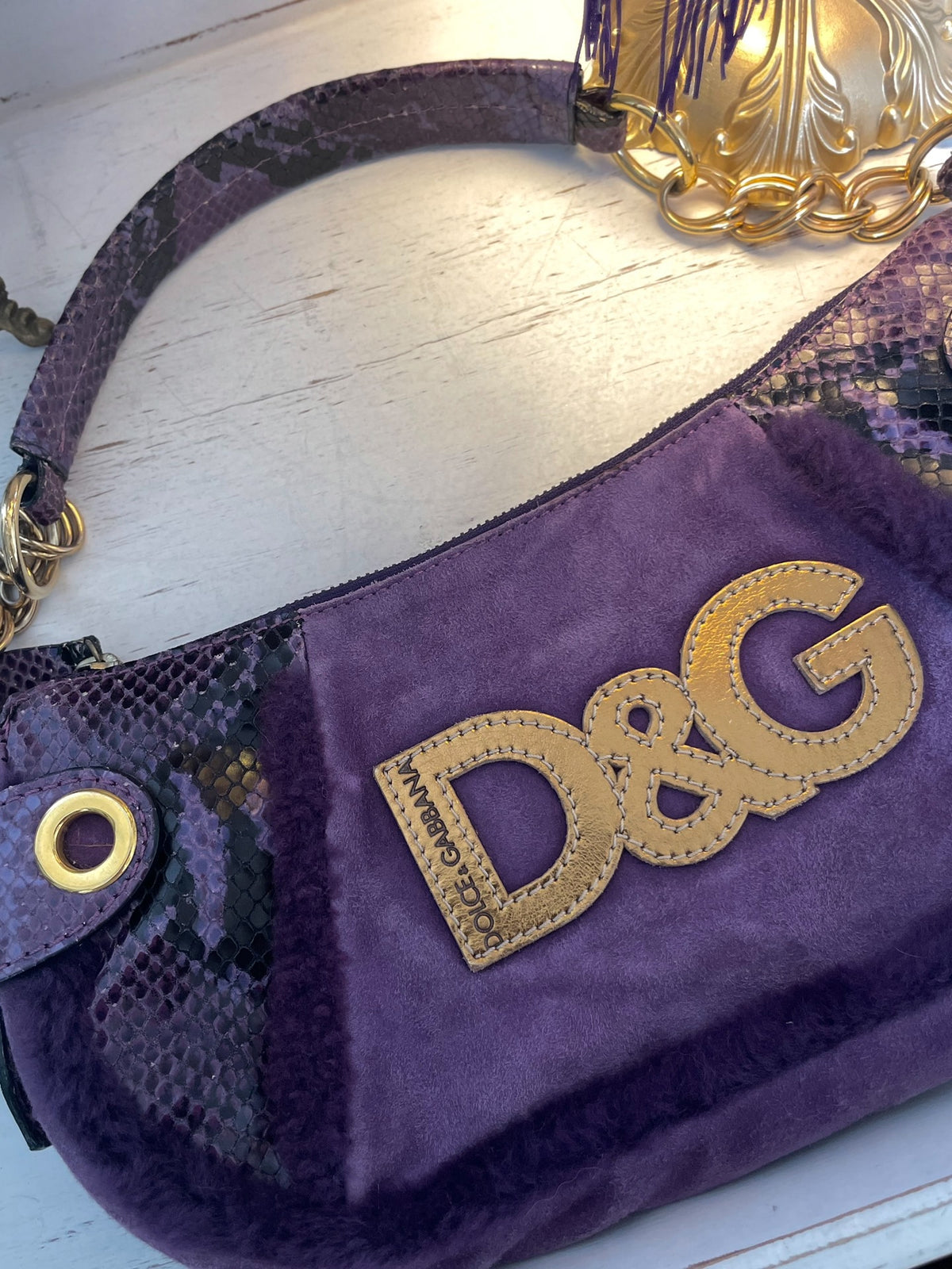 Dolce & Gabbana D&G Du Jia Ban Na purple snake pattern fuzzy patchwork secondhand bag