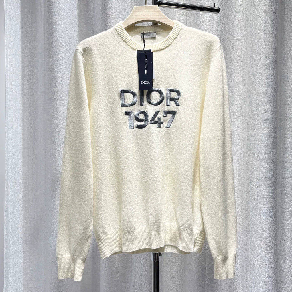 Dior Knit 1947 Embroidered Logo Wool Beige Long Sleeve Sweater