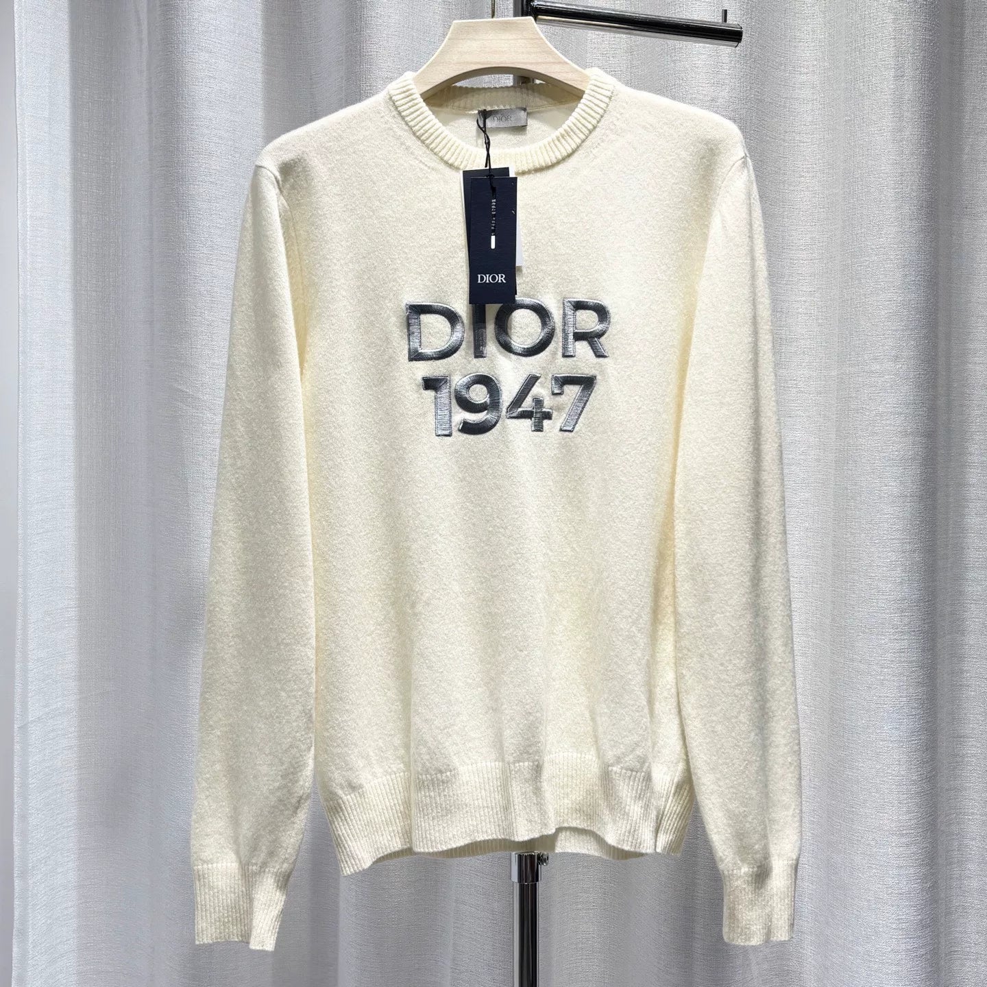 Dior Knit 1947 Embroidered Logo Wool Beige Long Sleeve Sweater