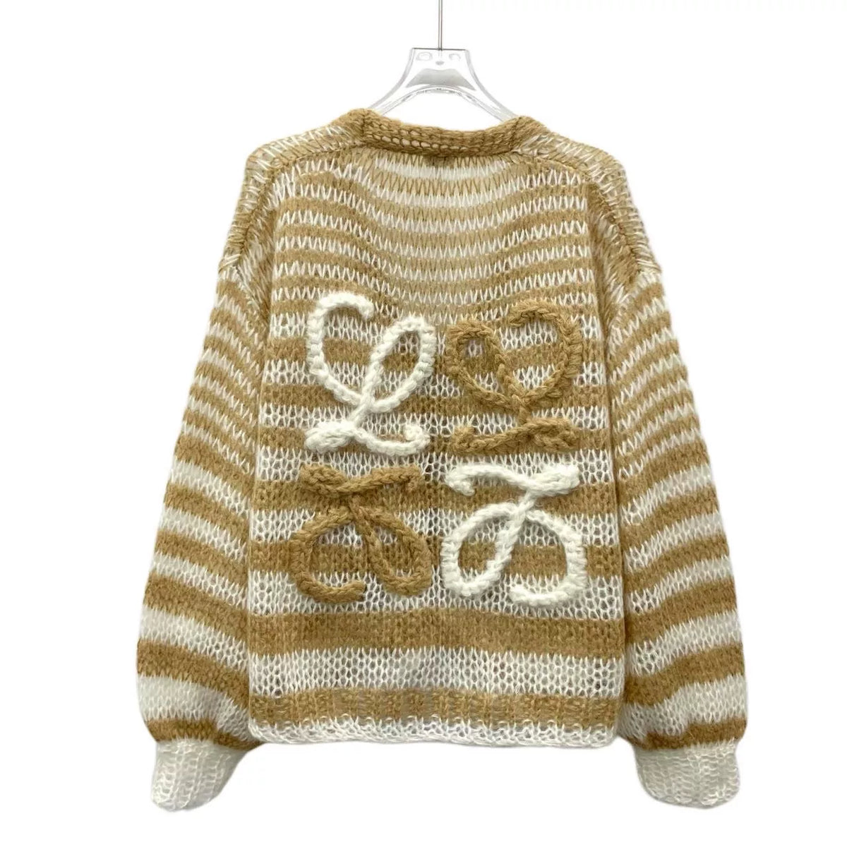 Loewe Brown Striped Logo-Embroidered Mohair V-Neck Single-Breasted Cardigan Jacket