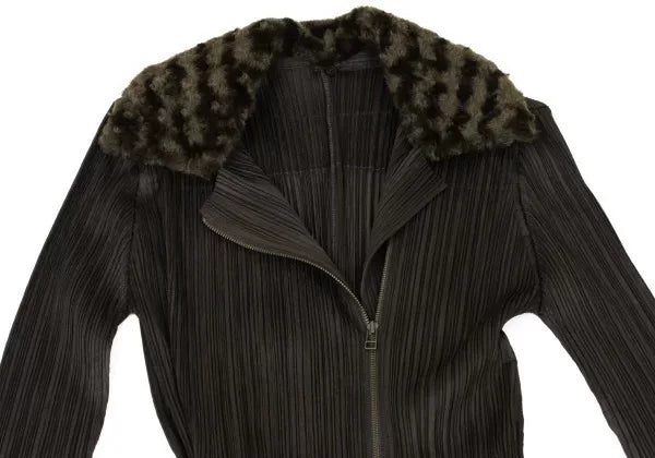 Issey Miyake Vintage Brown Double-Breasted Fur-Collar Pleated Coat