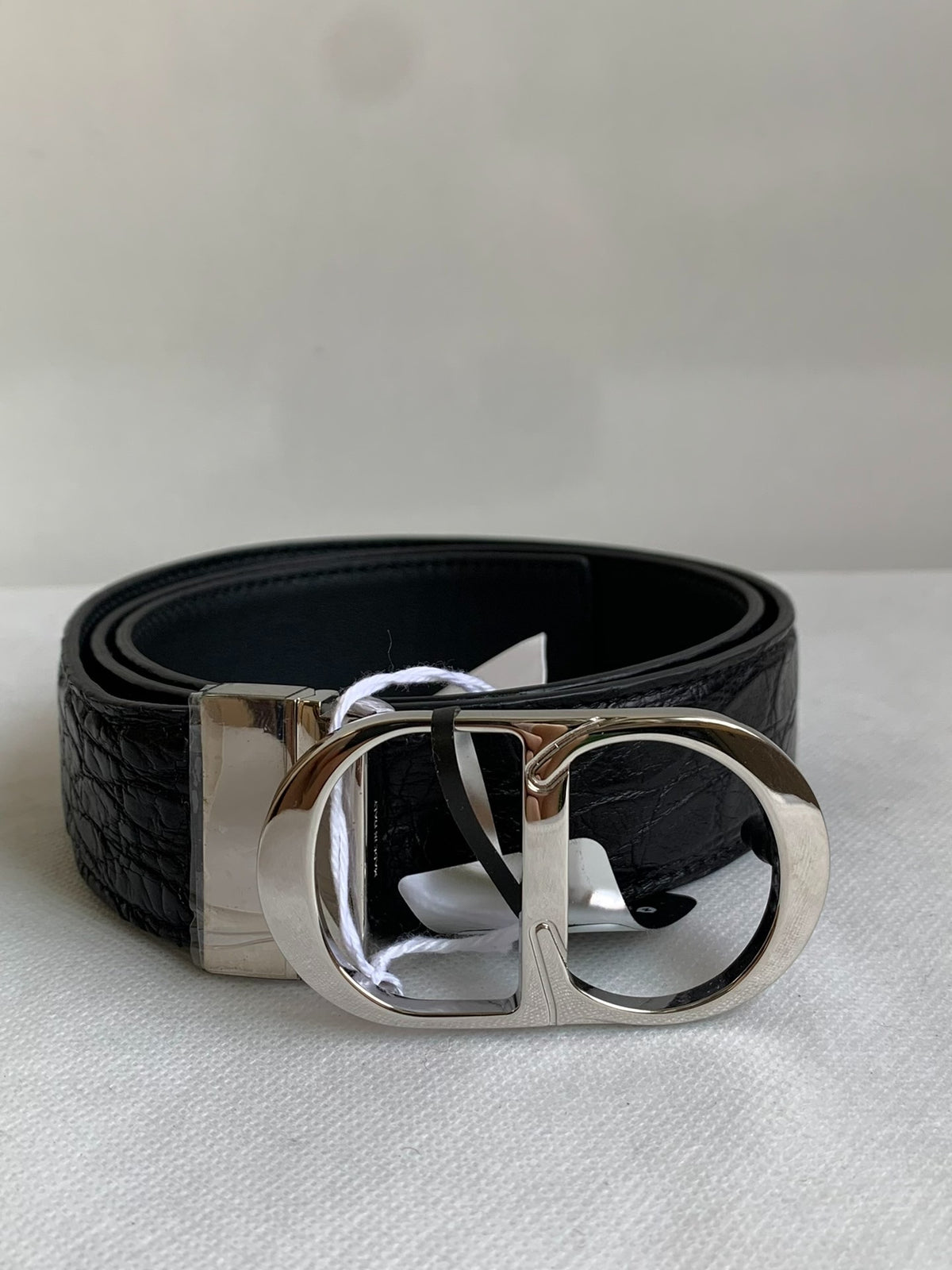 Dior Black Crocodile-Embossed Silver CD Belt