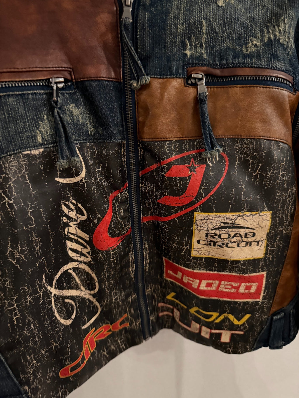 Jaded London Leather-Panel Embroidered Denim Jacket