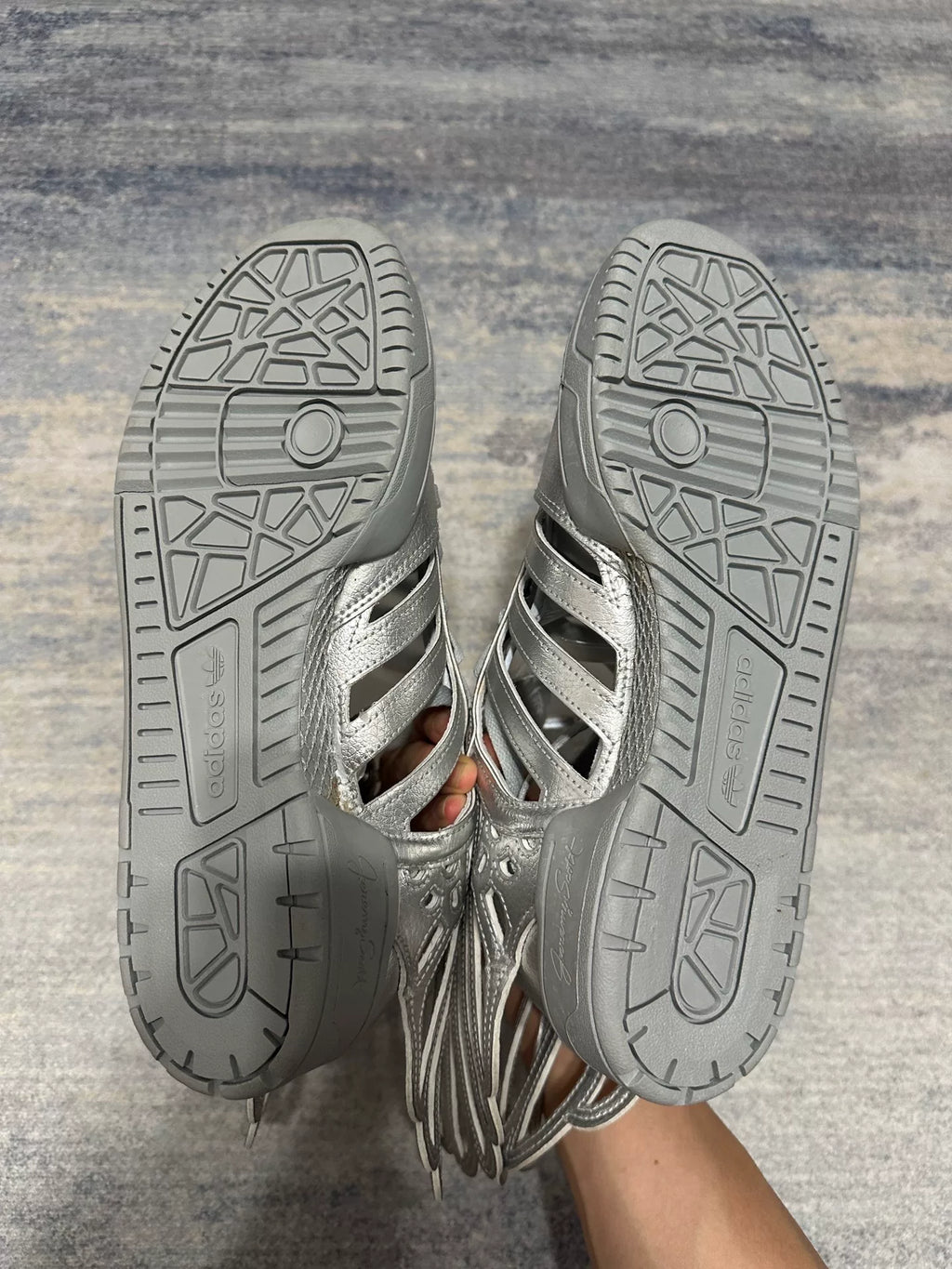 Adidas x Jeremy Scott Wings Silver Patent Leather Cutout Skeleton Wing Sneakers
