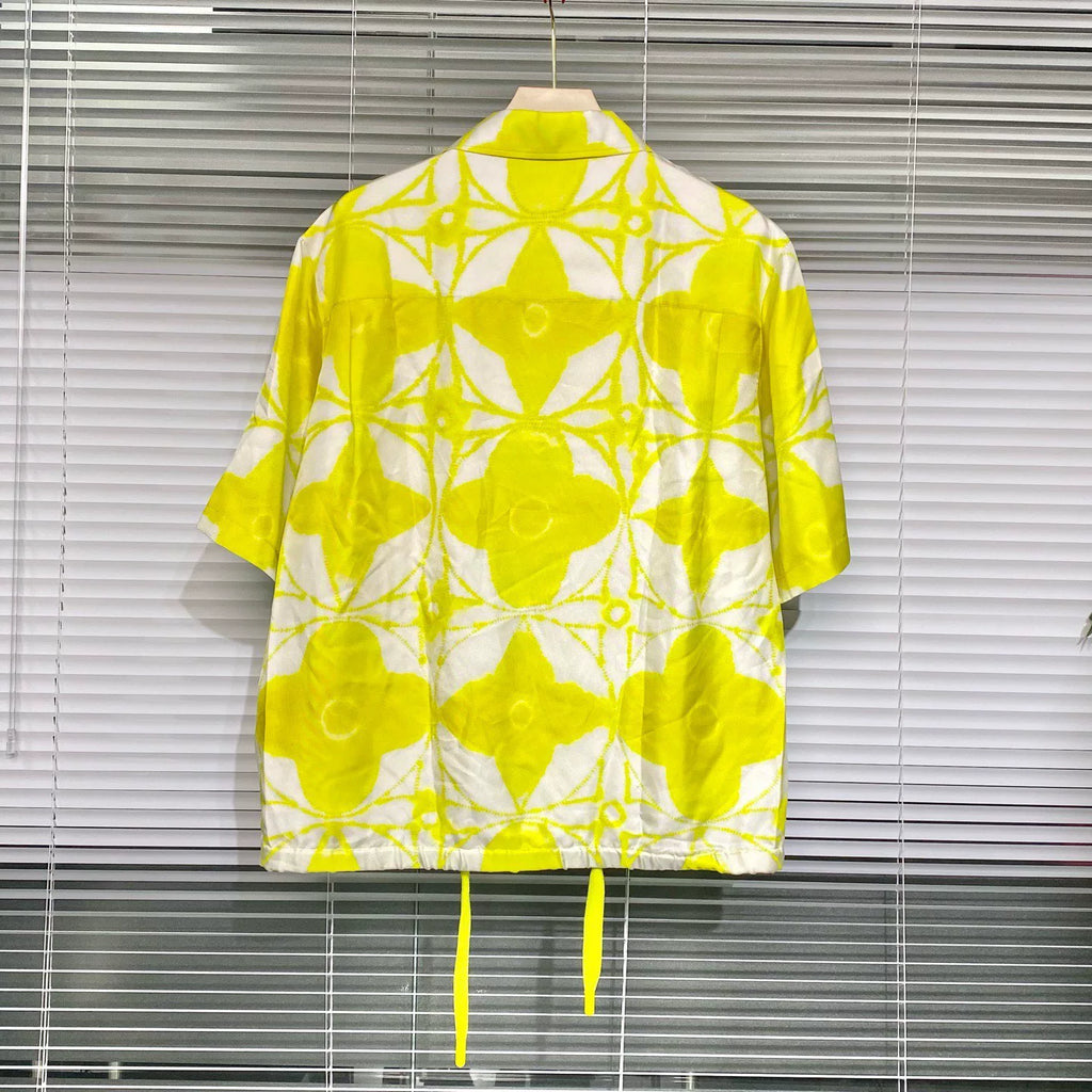 Louis Vuitton SS24 Short Sleeve Runway Silk Monogram Three-Flower Tie-Dye Button-Front Drawstring Yellow Shirt