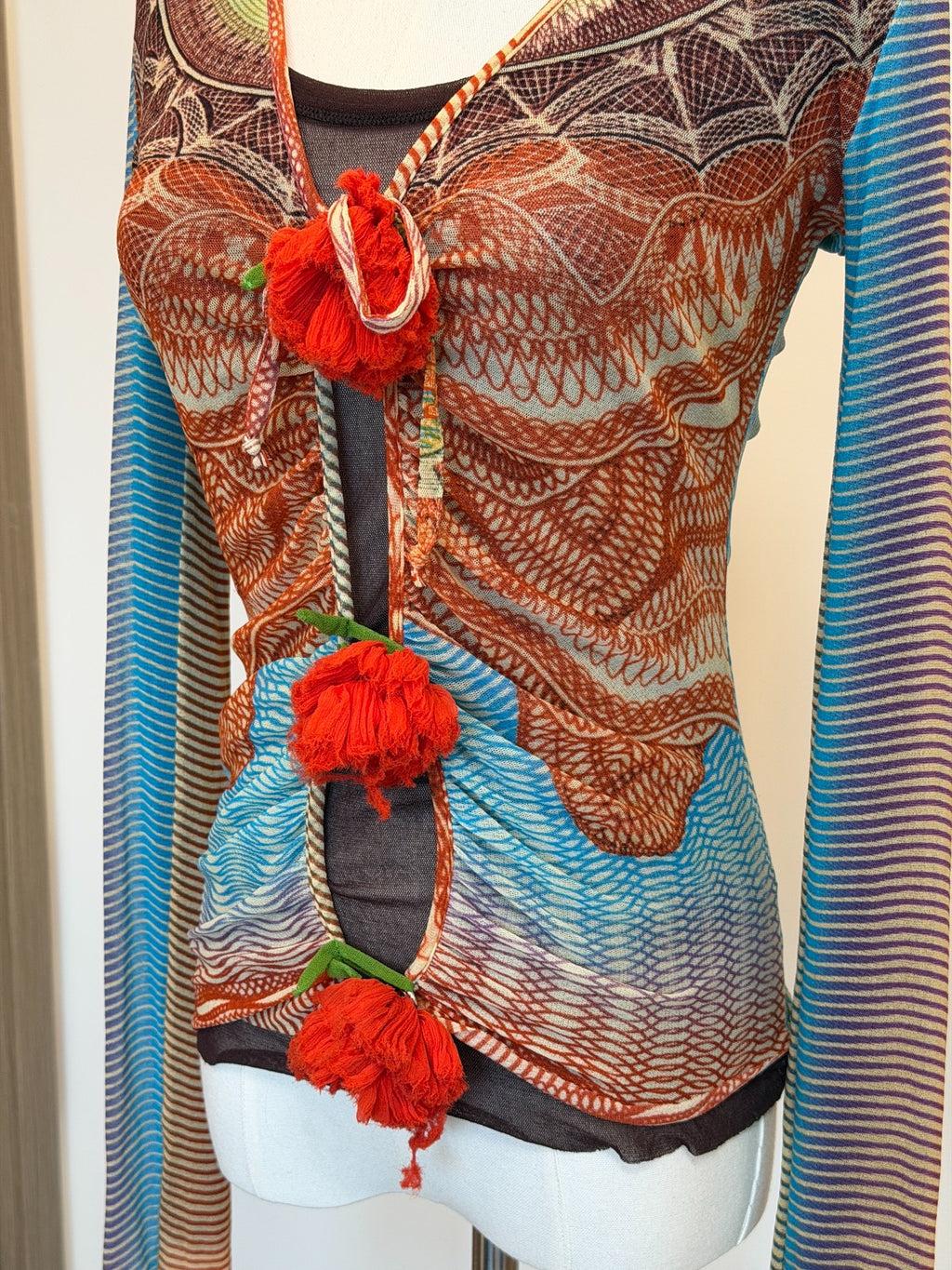 Jean Paul Gaultier Vintage V-Neck Mesh Print Long Sleeve Top