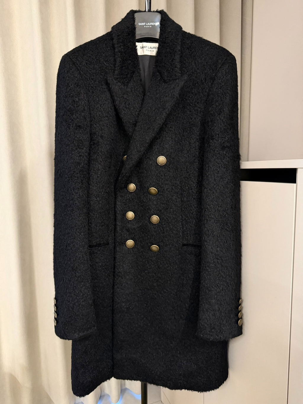 Saint Laurent FW18 Black Gold Button Double-Breasted Wool Coat