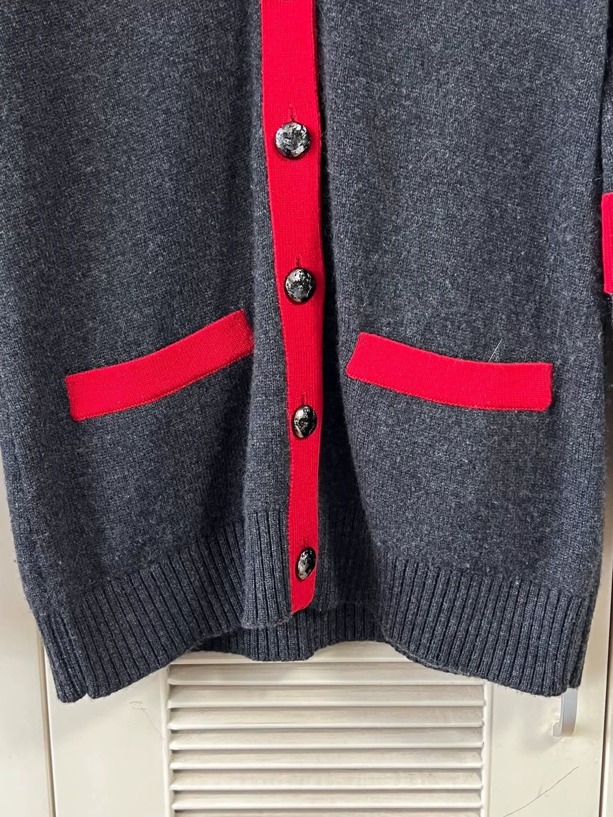 Chanel Grey Red Trim V-Neck Knit Cardigan