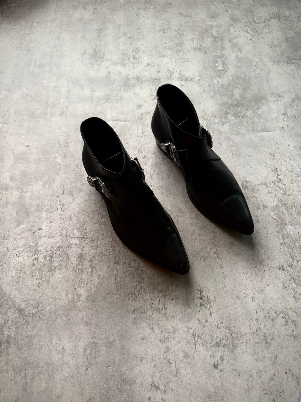 Saint Laurent Paris 14SS Black Leather Double Buckle Western Ankle Boots by Hedi Slimane