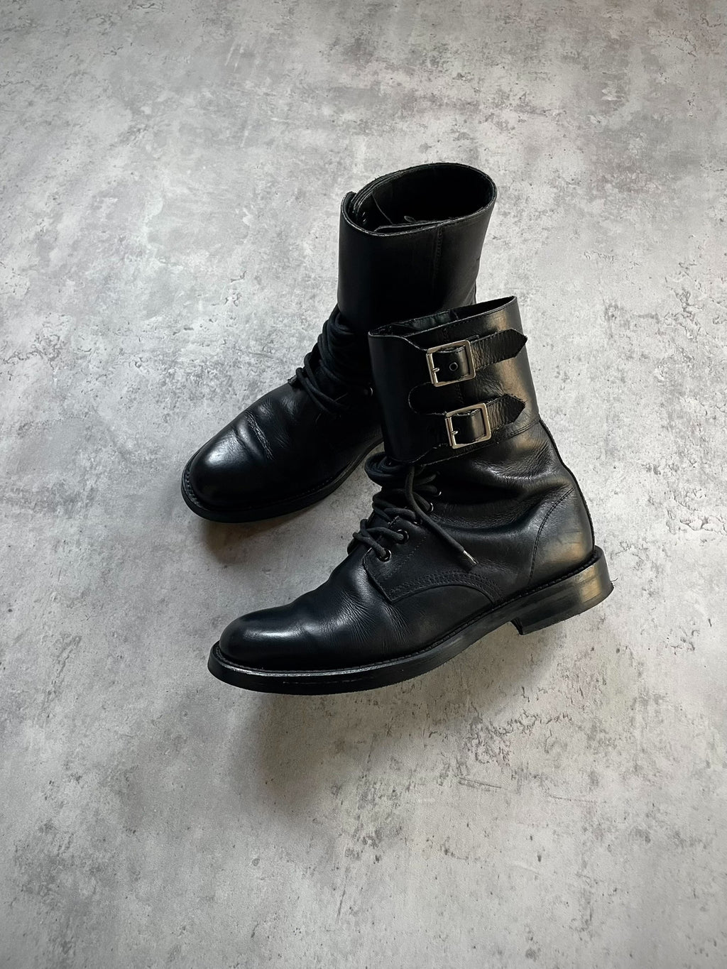 Saint Laurent Paris 13FW Hedi Slimane Double Buckle Lace-Up Leather Combat Boots by Hedi Slimane