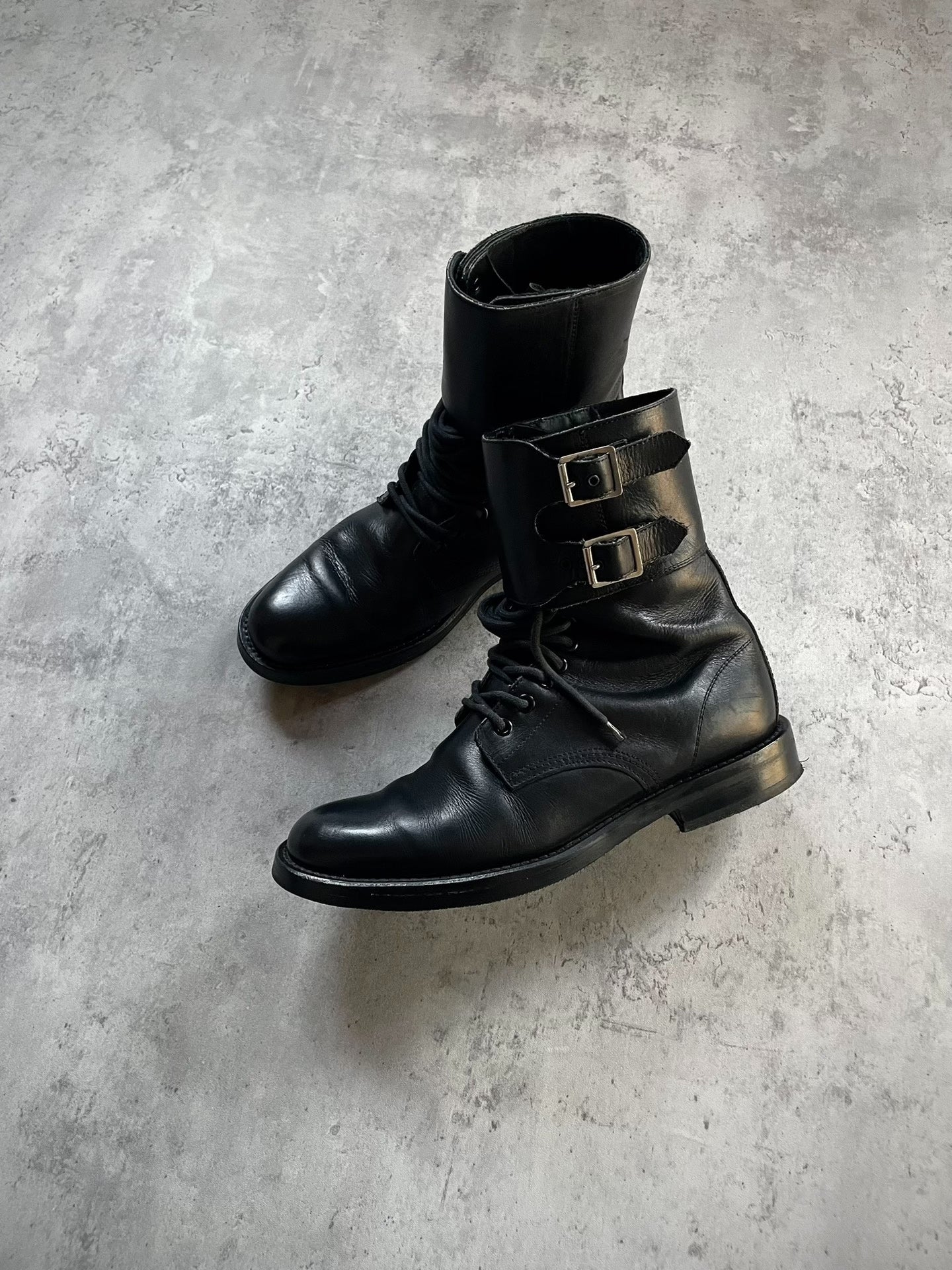 Saint Laurent Paris 13FW Hedi Slimane Double Buckle Lace-Up Leather Combat Boots by Hedi Slimane
