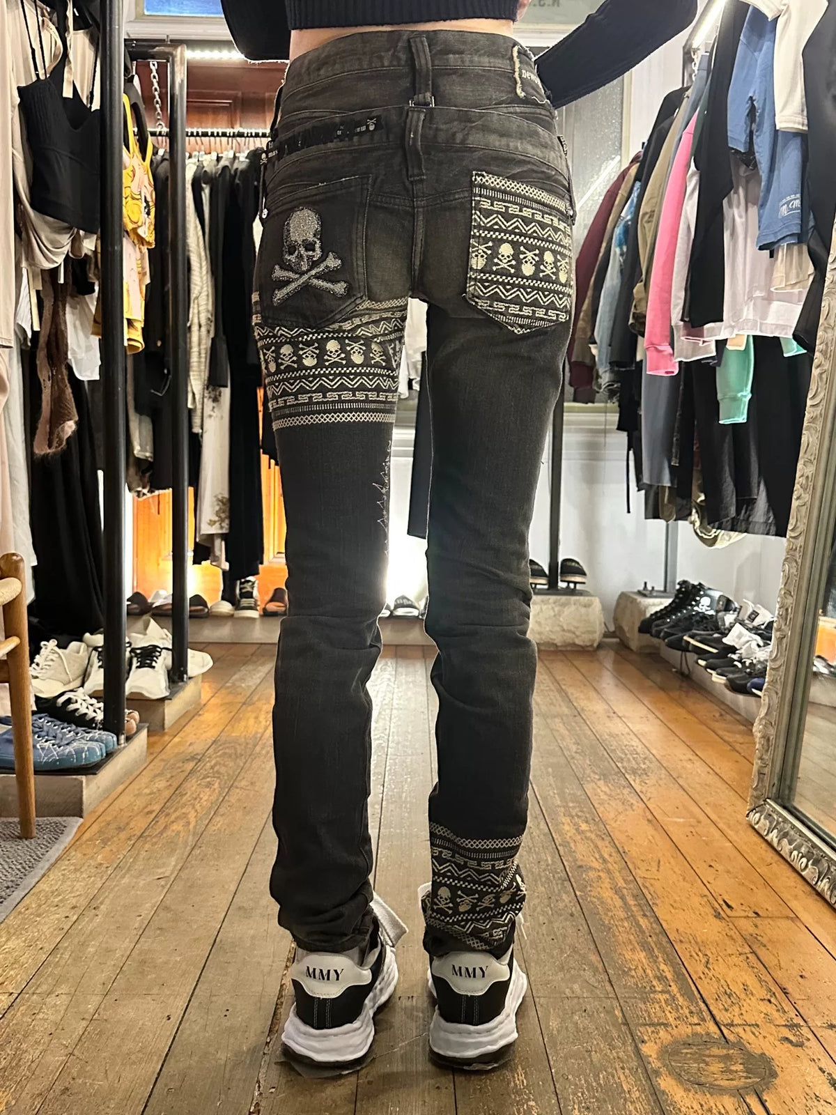 mastermind Japan FW12 Neworder SAMPLE Black Double Waist Skull Patch Denim Pants
