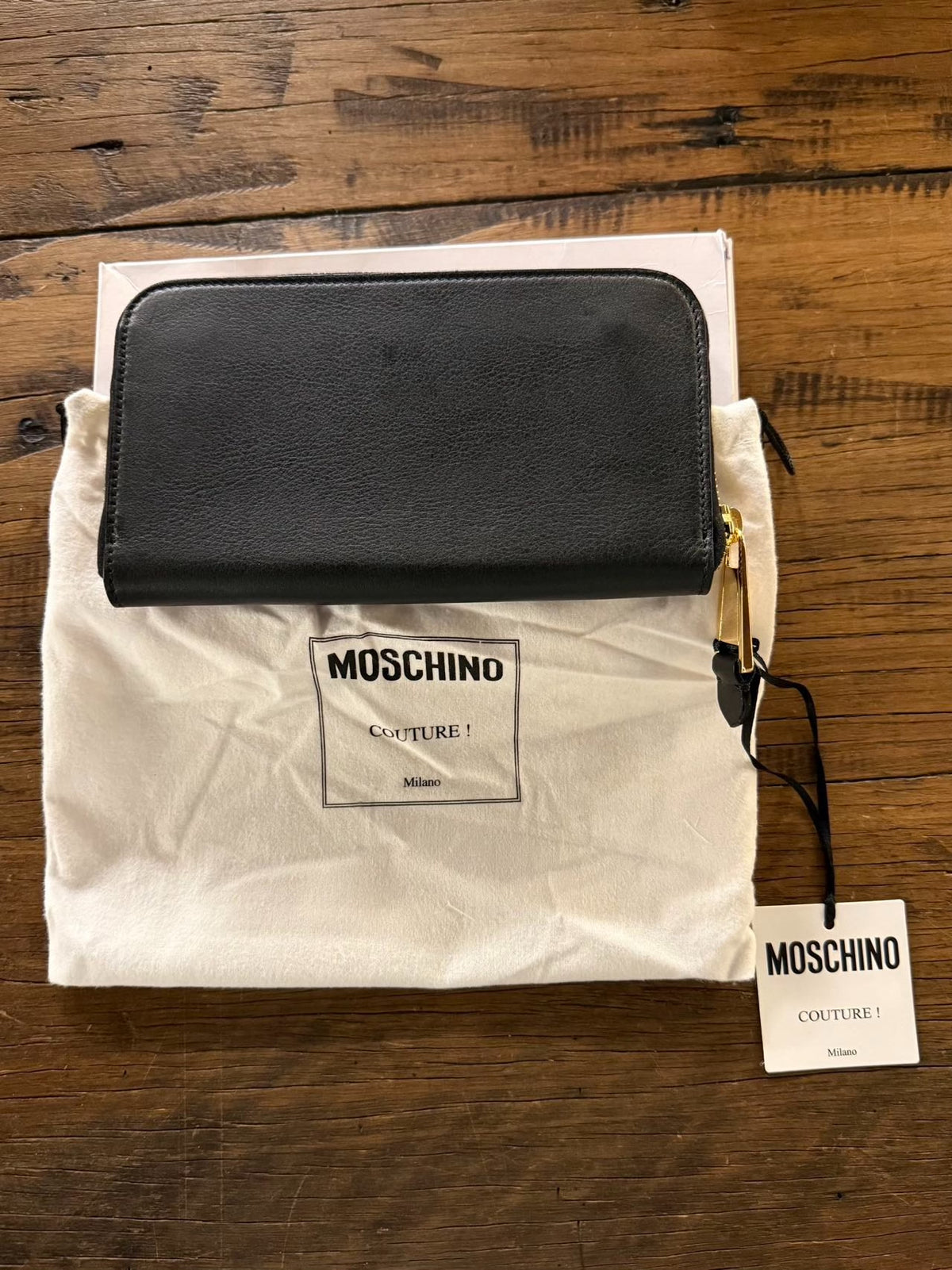 Moschino SS15 Black Gold Logo Zip Leather Wallet