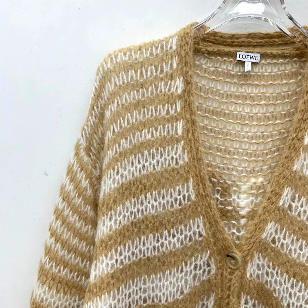 Loewe Brown Striped Logo-Embroidered Mohair V-Neck Single-Breasted Cardigan Jacket
