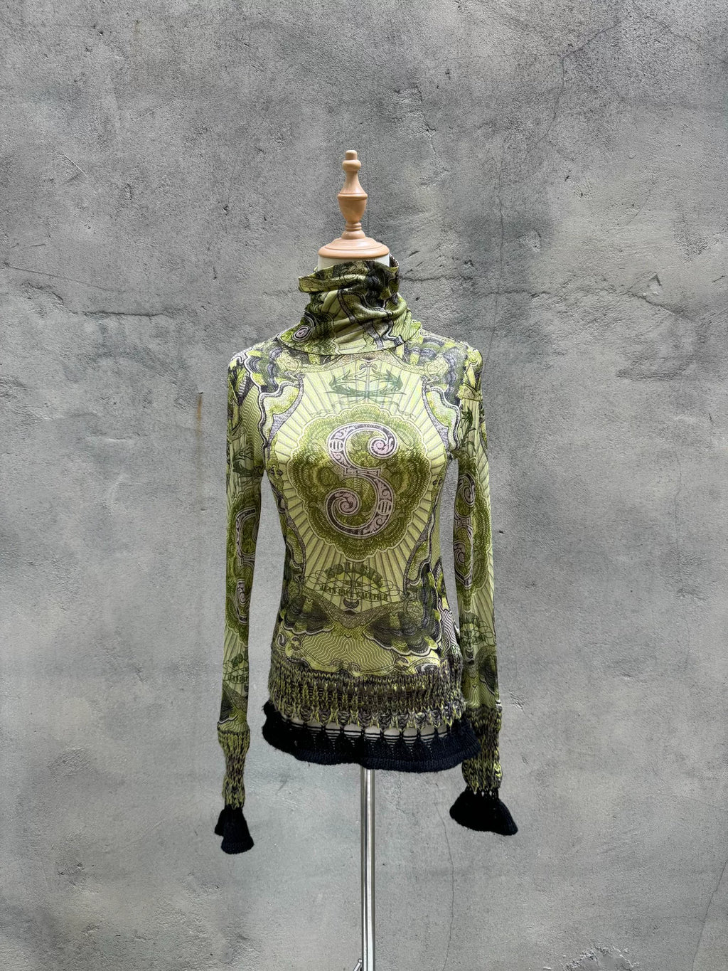 Jean Paul Gaultier Green Dragon Tattoo Bill Knit Rib Mesh Shirt