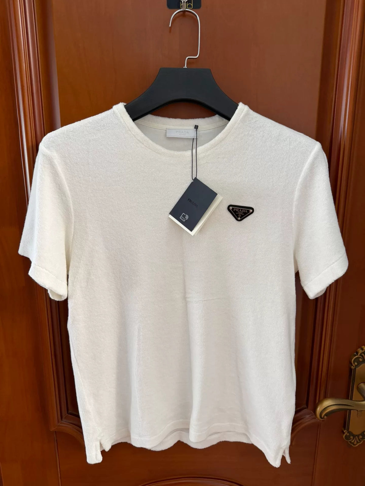 Prada White Triangle Logo Terry Short-Sleeve T-Shirt