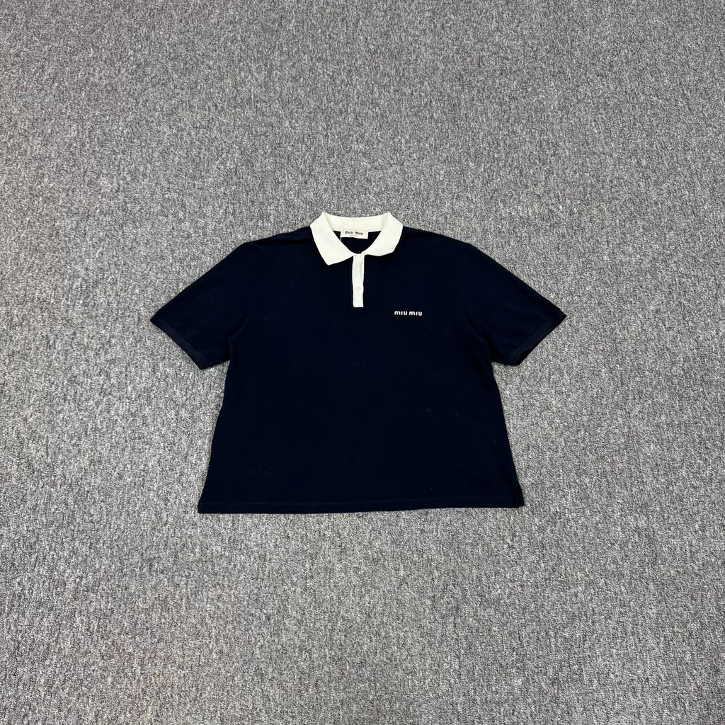 Miu Miu SS25 Short Sleeve Top Navy Embroidered Logo Polo Shirt