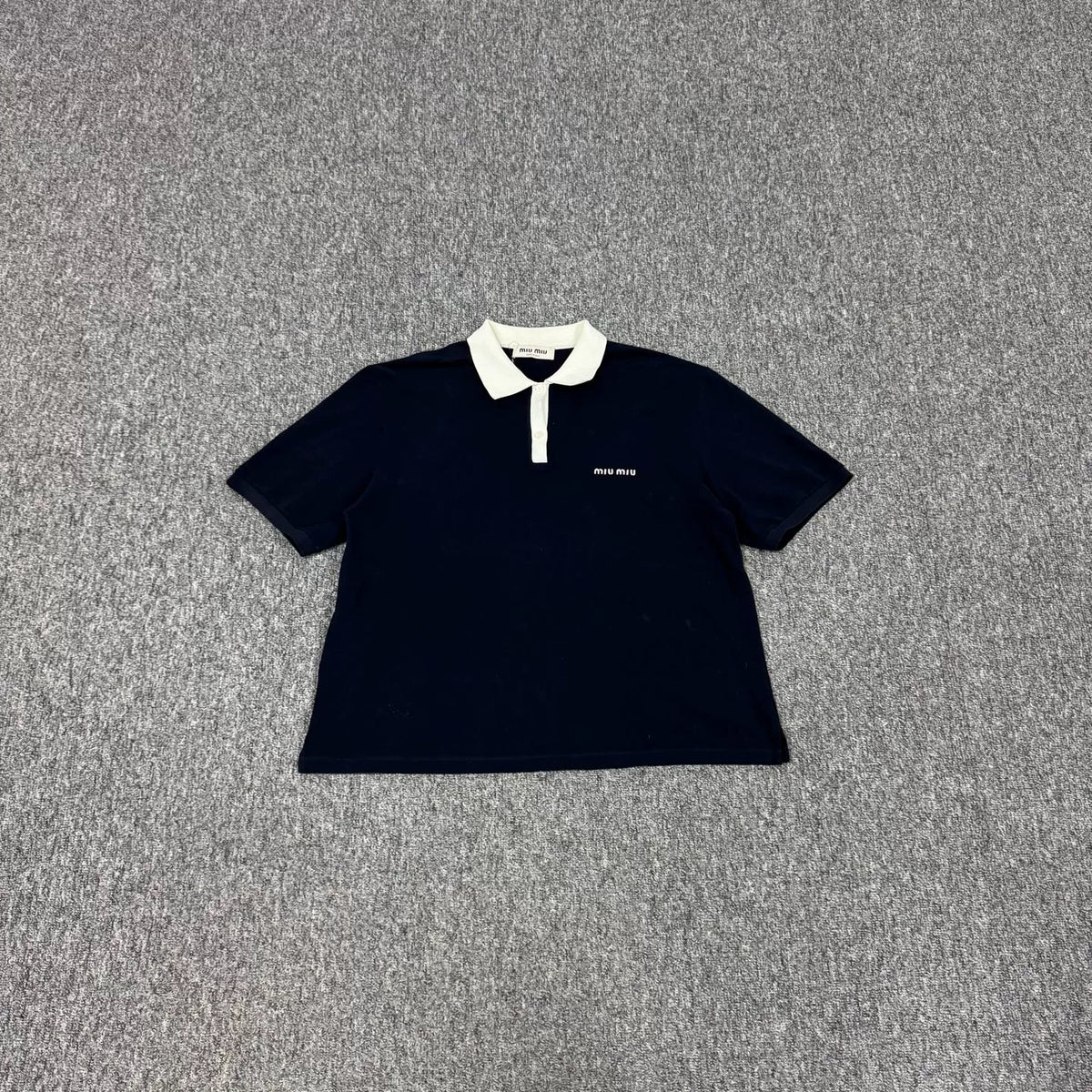 Miu Miu SS25 Short Sleeve Top Navy Embroidered Logo Polo Shirt