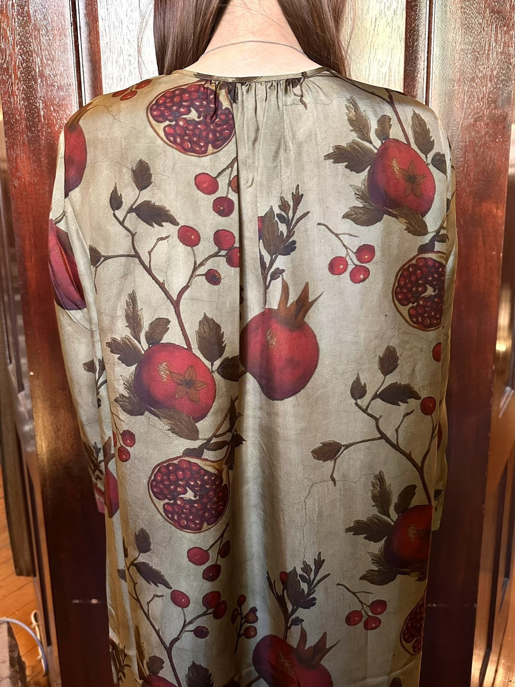 Uma Wang FW25 Pre Tan/Red/Green Agina Pomegranate Print Viscose/Cupro Dress