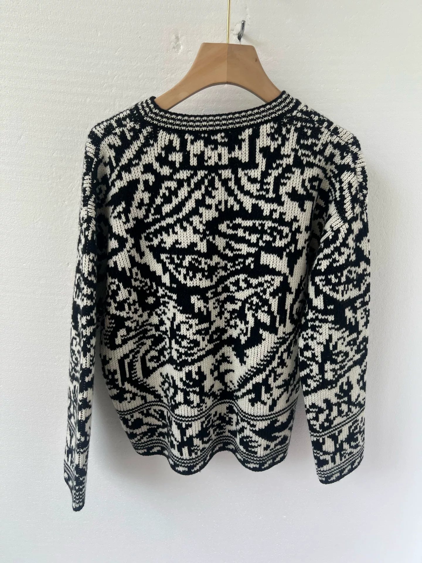 Dior Black Jacquard White Wool Cashmere Knit Sweater