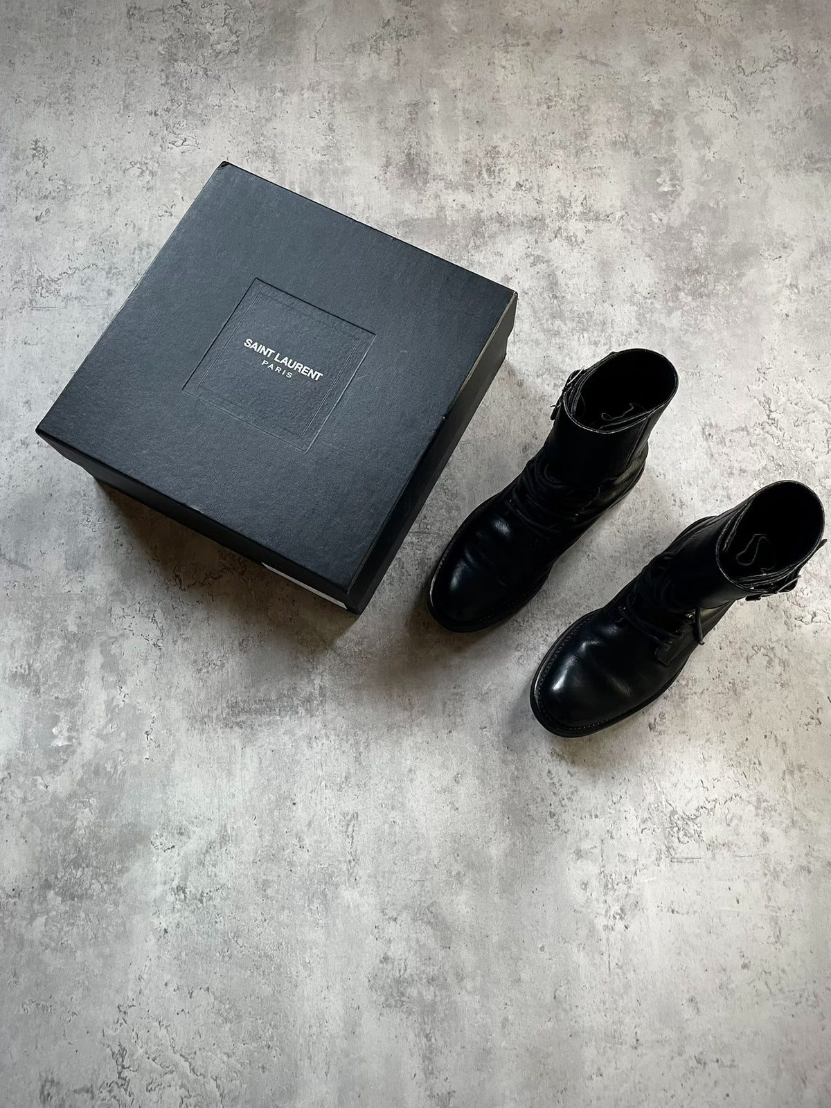 Saint Laurent Paris 13FW Hedi Slimane Double Buckle Lace-Up Leather Combat Boots by Hedi Slimane
