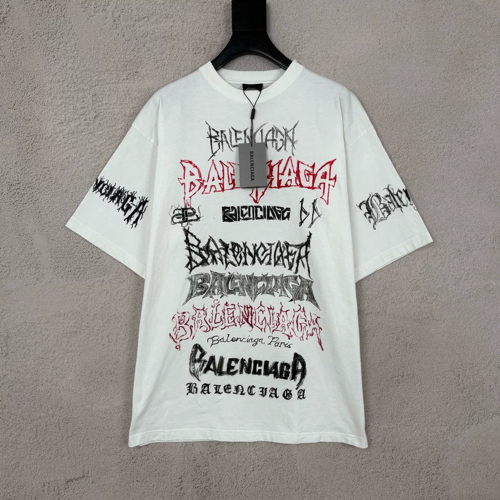 Balenciaga SS24 White Dragon Year Graffiti LOGO Short Sleeve Top