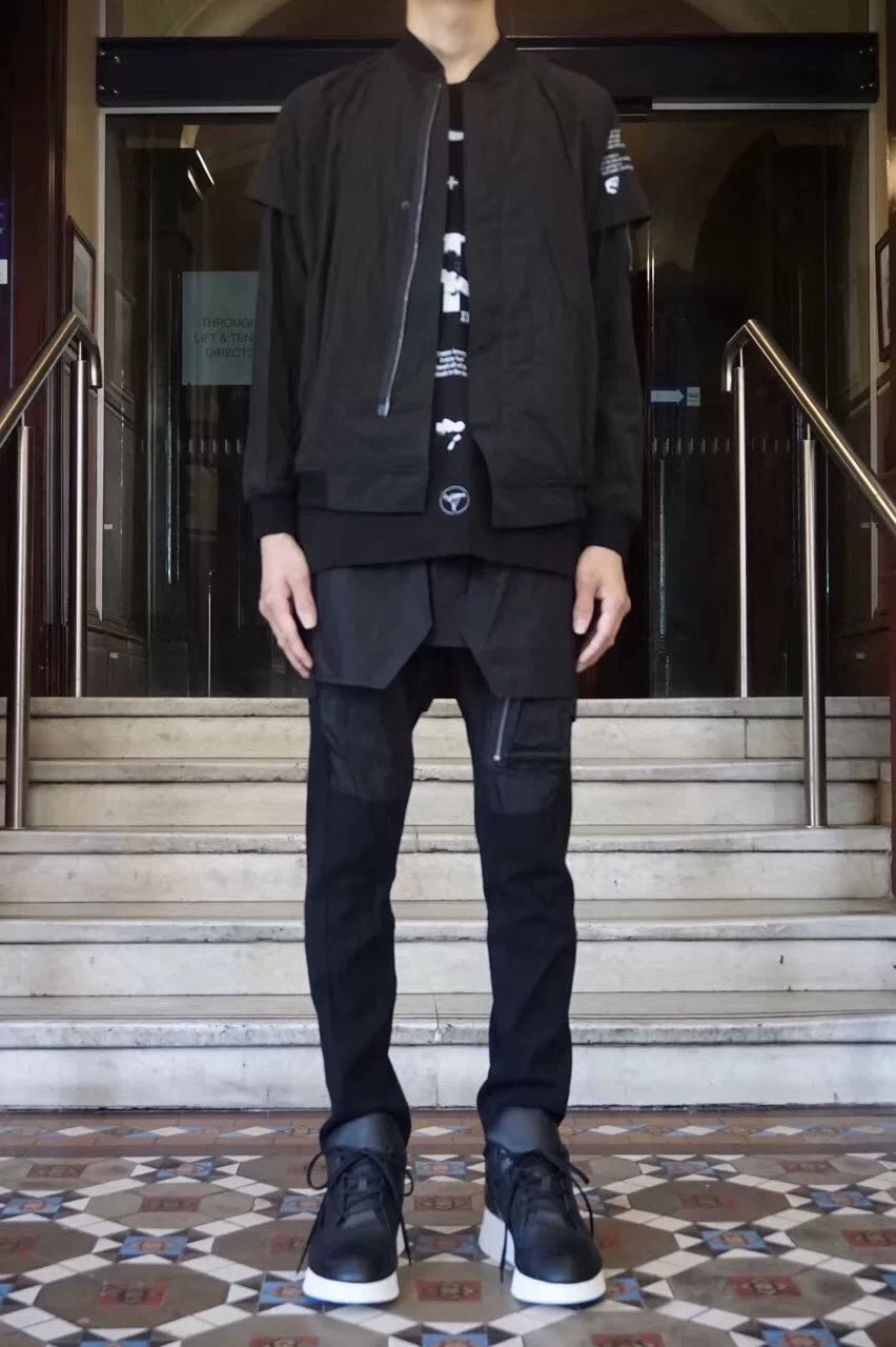 Julius AW17 Black DUST Double-Layer Sleeve Flight Jacket Viscose Cotton Jacket