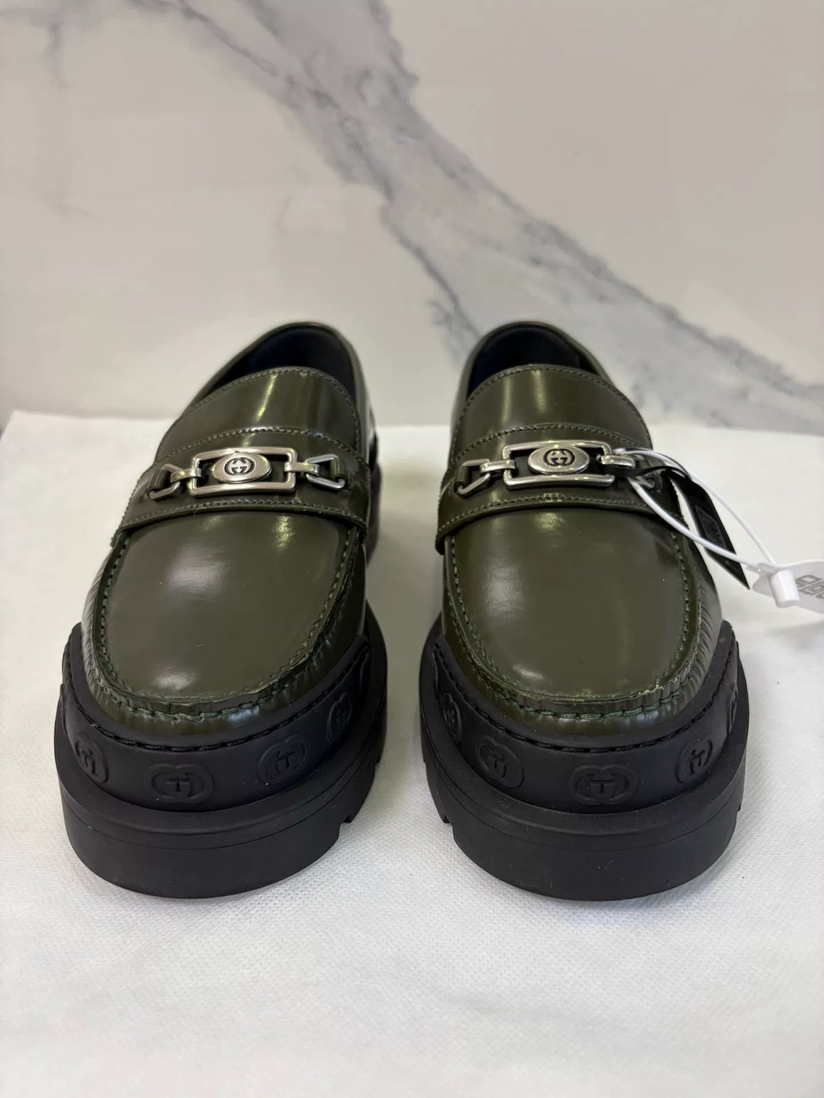 Gucci Dark Green Horsebit Leather Loafers